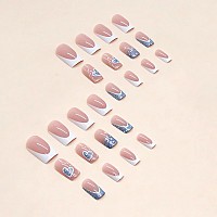 Sinsen French Tip Press On Nails Medium Square Fake Nails Glossy Blue Glitter Heart Glue On Nails White French False Nail Tips C