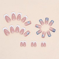 Sinsen French Tip Press On Nails Medium Square Fake Nails Glossy Blue Glitter Heart Glue On Nails White French False Nail Tips C