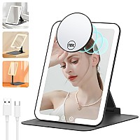 Rechargeable Travel Makeup Mirror With 10X Magnifying Mirror Led Vanity Mirror With Portable Adjustable Stand3 Color Dimmable