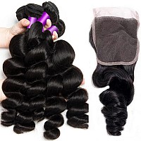 Loose Wave Bundles With Closure 100 Unprocessed Brazilian Human Hair Loose Wave 3 Bundles With 4X 4 Transparent Swiss Free Part