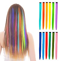 12 Pcs Colored Clip In Hair Extensions Beahot 20 Inches Rainbow Long Straight Hairpieces Clip In Synthetic Halloween Cosplay