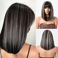 Allbell Black Bob Wig With Bangs 14Inch Shoulder Length Synthetic Black With Blonde Highlights Wig For Women Heat Resistant Fibe