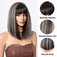 Allbell Black Bob Wig With Bangs 14Inch Shoulder Length Synthetic Black With Blonde Highlights Wig For Women Heat Resistant Fibe