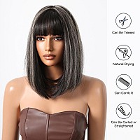 Allbell Black Bob Wig With Bangs 14Inch Shoulder Length Synthetic Black With Blonde Highlights Wig For Women Heat Resistant Fibe