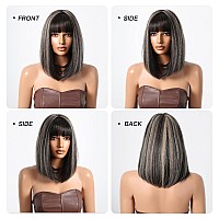 Allbell Black Bob Wig With Bangs 14Inch Shoulder Length Synthetic Black With Blonde Highlights Wig For Women Heat Resistant Fibe