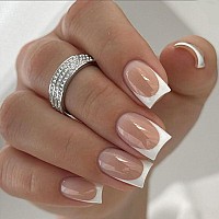 Docvoeomh Press On Nails Short Medium Square Glossy French White Chrome Fake Nails Full Cover Acrylic False Glue Stick On Nail A