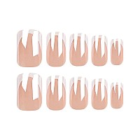 Docvoeomh Press On Nails Short Medium Square Glossy French White Chrome Fake Nails Full Cover Acrylic False Glue Stick On Nail A