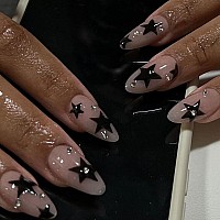 Docvoeomh Press On Nails Short Medium Almond Y2K Black Star Fake Nails With Rhinestones Full Cover Acrylic False Glue Stick On N