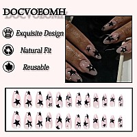 Docvoeomh Press On Nails Short Medium Almond Y2K Black Star Fake Nails With Rhinestones Full Cover Acrylic False Glue Stick On N