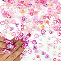 500 Pcs Pink Hearts Pearls Gems 3D Nail Charms Variety Hearts Nail Art Charms Mix White Flatback Pearls Resin Rhinestones For Ma