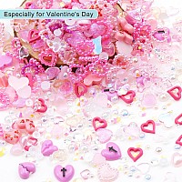 500 Pcs Pink Hearts Pearls Gems 3D Nail Charms Variety Hearts Nail Art Charms Mix White Flatback Pearls Resin Rhinestones For Ma