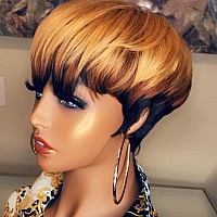 Vck Short Human Hair Wigs For Black Women Short Human Hair Wigs Pixie Cut Wigs For Black Women Brown Layered Wavy Wigs Glueless