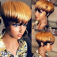 Vck Short Human Hair Wigs For Black Women Short Human Hair Wigs Pixie Cut Wigs For Black Women Brown Layered Wavy Wigs Glueless