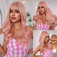 Jooler Pink Wig Long Wavy Pink Wigs For Women Pink Wig With Bangs Peach Pink Long Natural Hair Color Middle Part 24 Inch