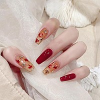 Rtkhfze Fall Press On Nails Medium Length Red False Nails Shiny Sequins With Maple Leaves Glitter Designs Acrylic Nails 24Pcs Au