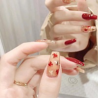 Rtkhfze Fall Press On Nails Medium Length Red False Nails Shiny Sequins With Maple Leaves Glitter Designs Acrylic Nails 24Pcs Au