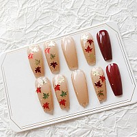 Rtkhfze Fall Press On Nails Medium Length Red False Nails Shiny Sequins With Maple Leaves Glitter Designs Acrylic Nails 24Pcs Au