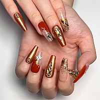 Rtkhfze Fall Press On Nails Long Coffin Shape Fake Nails With Autumn Maple Leaf Sequins And Glitter Rhinestones Designs Full Co