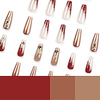 Rtkhfze Fall Press On Nails Long Coffin Shape Fake Nails With Autumn Maple Leaf Sequins And Glitter Rhinestones Designs Full Co