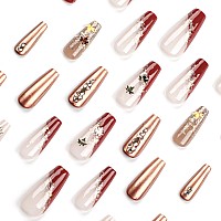 Rtkhfze Fall Press On Nails Long Coffin Shape Fake Nails With Autumn Maple Leaf Sequins And Glitter Rhinestones Designs Full Co