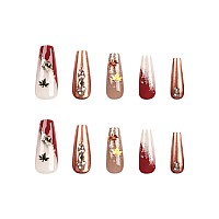 Rtkhfze Fall Press On Nails Long Coffin Shape Fake Nails With Autumn Maple Leaf Sequins And Glitter Rhinestones Designs Full Co