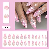 Rtkhfze Press On Nails Almond Medium Glossy Fake Nails With Rhinestones Star Design False Nails Full Cover Gradient Stick On Na