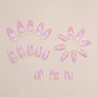 Rtkhfze Press On Nails Almond Medium Glossy Fake Nails With Rhinestones Star Design False Nails Full Cover Gradient Stick On Na