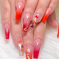 Rtkhfze Fall Press On Nails Long Coffin Fake Nails French Tip Red Gradient False Nails With Maple Leaf Designs Full Cover Acryli