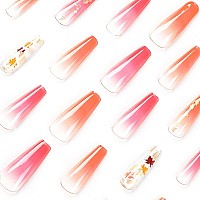 Rtkhfze Fall Press On Nails Long Coffin Fake Nails French Tip Red Gradient False Nails With Maple Leaf Designs Full Cover Acryli