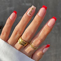 Babalal Red French Tip Press On Nails Medium Fake Nails Square Christmas Glue On Nails Acrylic Nails Golden Xmas Tree Design 24P