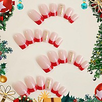 Babalal Red French Tip Press On Nails Medium Fake Nails Square Christmas Glue On Nails Acrylic Nails Golden Xmas Tree Design 24P