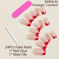 Babalal Red French Tip Press On Nails Medium Fake Nails Square Christmas Glue On Nails Acrylic Nails Golden Xmas Tree Design 24P