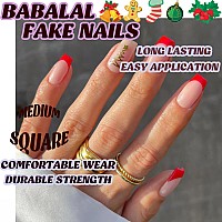 Babalal Red French Tip Press On Nails Medium Fake Nails Square Christmas Glue On Nails Acrylic Nails Golden Xmas Tree Design 24P