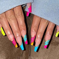 Yoyoee Long Coffin False Nails Pink Gradient Press On Nails Glitter Fake Nails Full Cover Stick On Nails For Women And Girls 24P