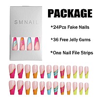 Yoyoee Long Coffin False Nails Pink Gradient Press On Nails Glitter Fake Nails Full Cover Stick On Nails For Women And Girls 24P