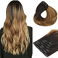 Hotbanana Human Hair Clip In Hair Extensions Dark Brown To Chestnut Brown And Dirty Blonde Highlighted Warm Tone 120G Clip In