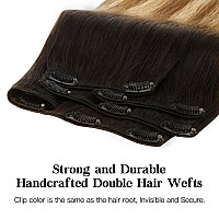 Hotbanana Human Hair Clip In Hair Extensions Dark Brown To Chestnut Brown And Dirty Blonde Highlighted Warm Tone 120G Clip In