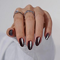 Btartbox Press On Nails Short Halloween Black Oval Press On Nails Chrome Glazed Glue On Nails For Gifts Supremely Fit Glos