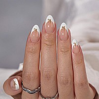 Btartbox Press On Nails Short White Designed French Tip Press On Nails Almond With Bow Glue On Nails For Gifts Supremely Fit