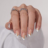 Btartbox Press On Nails Almond Designed White French Tip Press On Nails Short With Gold Foil Glue On Nails For Summer Day Gif