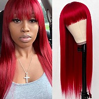 Aubree Long Straight Wigs With Bangs Red Silky Synthetic No Lace Wig For Black Women Natural Looking Heat Resistant Fiber Gluele