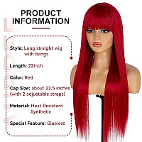 Aubree Long Straight Wigs With Bangs Red Silky Synthetic No Lace Wig For Black Women Natural Looking Heat Resistant Fiber Gluele