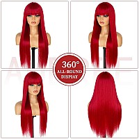 Aubree Long Straight Wigs With Bangs Red Silky Synthetic No Lace Wig For Black Women Natural Looking Heat Resistant Fiber Gluele