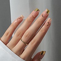 Btartbox Press On Nails Short Square Gold Designed Press On Nails Glue On Nails For Summer Holiday Gifts Natural Fake Nail W