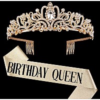 Gold Crown For Women Birthday Queen Sash Rhinestone Tiara Set Birthday Decoration Rhinestone Headband Glitter Crystal Hair Acc