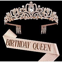 Rose Gold Crown For Women Birthday Queen Sash Rhinestone Tiara Set Birthday Decoration Rhinestone Headband Glitter Crystal Hai