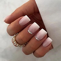 Sinsen Press On Nails Short Gradient Pink White Press On Nails Square Glossy Rhinestone Fake Nails With Adhesive Glue Tabs R