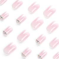 Sinsen Press On Nails Short Gradient Pink White Press On Nails Square Glossy Rhinestone Fake Nails With Adhesive Glue Tabs R