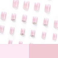 Sinsen Press On Nails Short Gradient Pink White Press On Nails Square Glossy Rhinestone Fake Nails With Adhesive Glue Tabs R