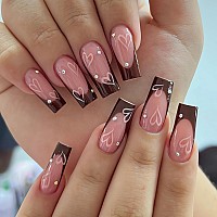 Sinsen Medium Square Press On Nails 24 Pcs Glossy Brown Pink French Tip Reusable Stick On Nails In 10 Sizes With Adhesive Gl